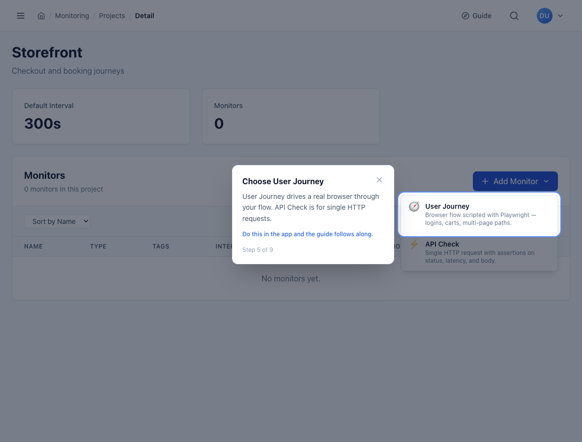 Add Monitor menu open on a project page with the User Journey option highlighted