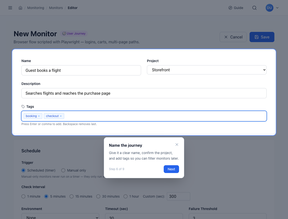 Monitor editor with the name Guest books a flight, a description and the tags booking and checkout