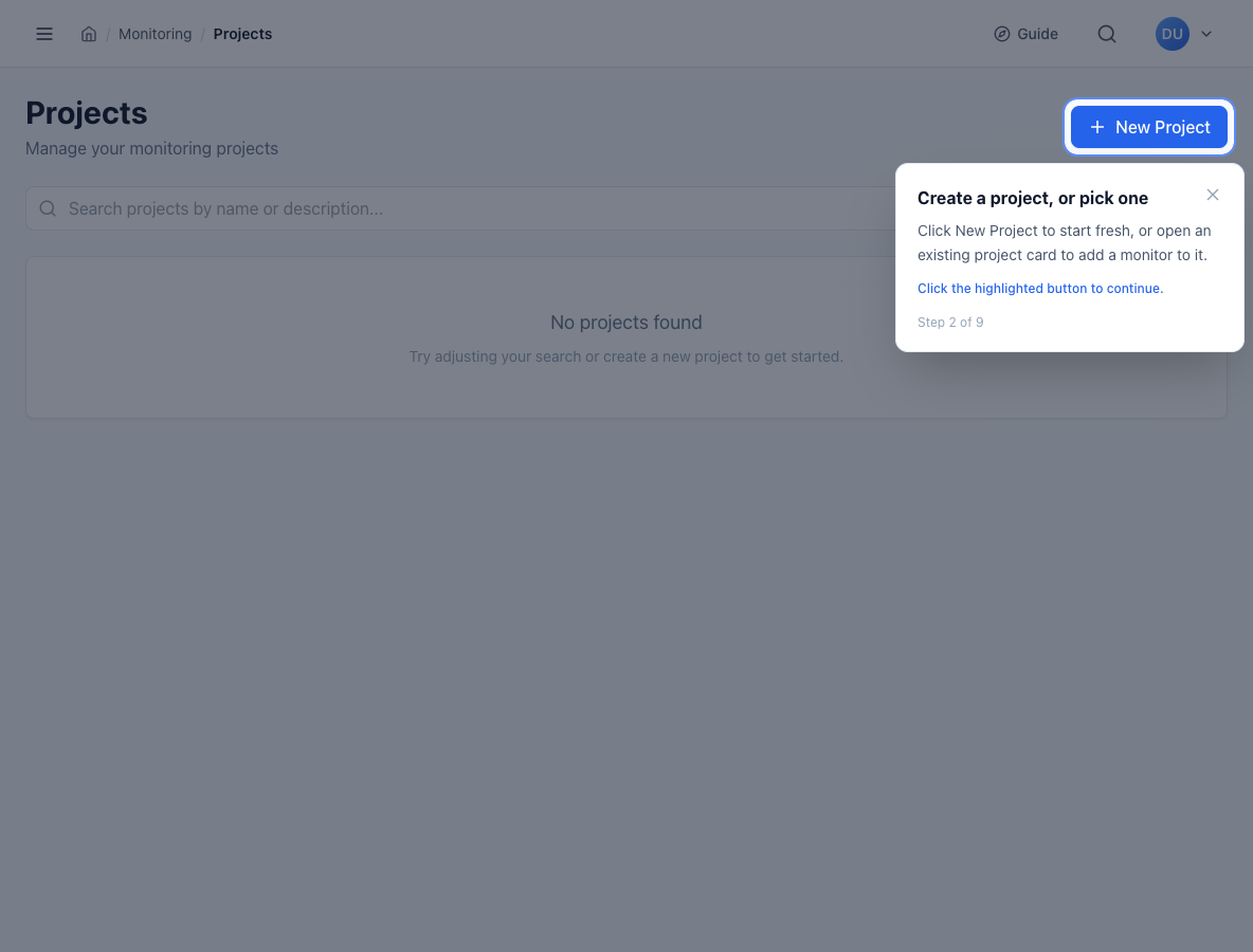 Projects page with the New Project button highlighted