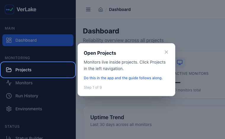 VerLake dashboard with the Projects item in the left navigation highlighted and a guide popup that says Open Projects
