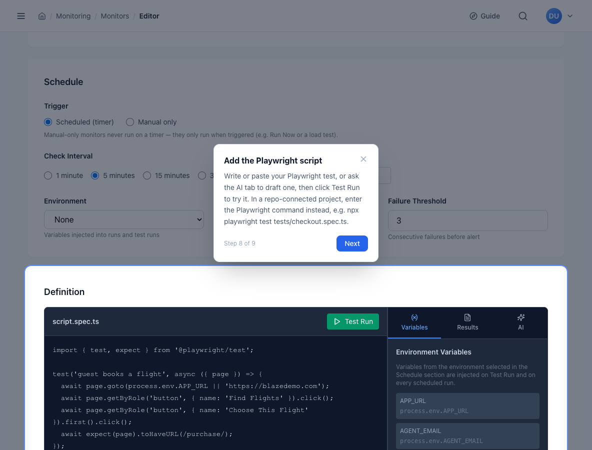 Definition section of the monitor editor with a Playwright script, the Test Run button and the Variables, Results and AI tabs