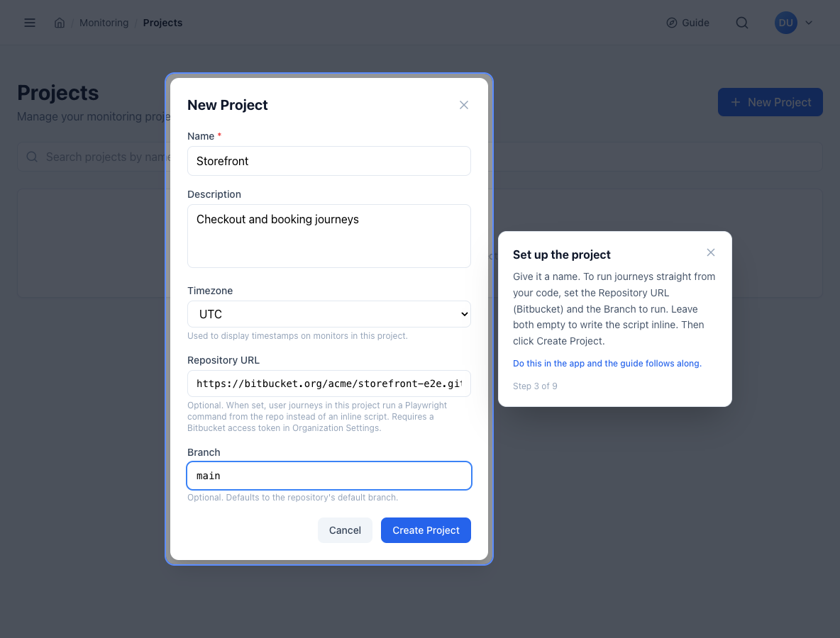 New Project dialog with name, description, timezone, a repository URL and the branch main filled in